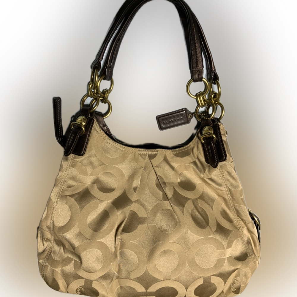Coach Madison Maggie Sateen Op Art Hobo Shoulder Handbag Khaki w/ Brown Leather